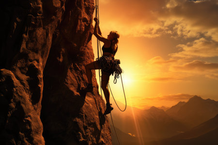 Silhouette of a rock climber on a cliff against the backdrop of a beautiful sunset, Climber, AI Generatedの素材