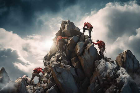 Group of climbers climbing on the top of a rock in the mountains, Climbers assisting another climber to ascend, with no visible faces, AI Generatedの素材