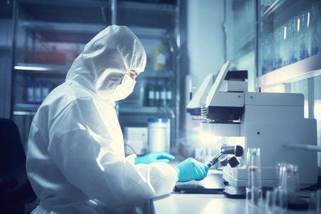 scientist working with tablet computer in laboratory color toned image, Closep-up image of a researcher in a protective mask working in a laboratory of a research institute, AI Generatedの素材
