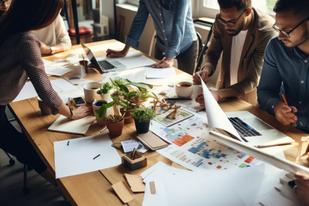 Group of business people working together in modern office. Teamwork concept, Close-up of a creative designer team working together on a table, top section cropped, with no visible face, AI Generatedの素材