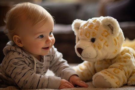 Cute little boy playing with teddy bear at home, closeup, Close - up of fascinated baby touching stuffed animal in living room, AI Generatedの素材