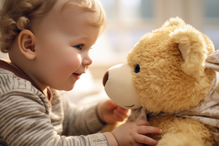 Little baby boy playing with teddy bear at home, closeup, Close - up of fascinated baby touching stuffed animal in living room, AI Generatedの素材