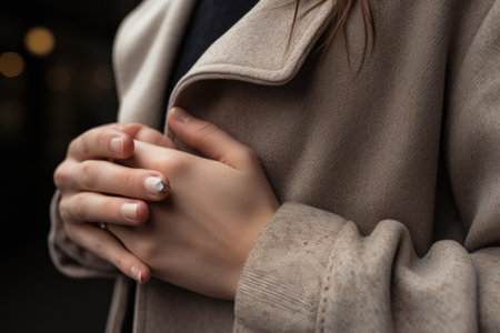 Young woman with stylish manicure on blurred background, closeup. Space for text, Close up of caucasian couple holding hands including engagement ring, AI Generatedの素材