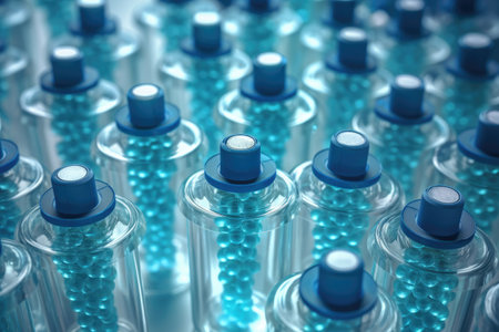 Medical ampoules in blue light. 3d rendering toned image, Closeup of ampules are being filled with vaccine and closed with blue caps, AI Generatedの素材