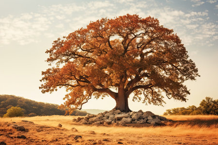 Old oak tree in the field at sunset. Color toning applied, AI Generatedの素材