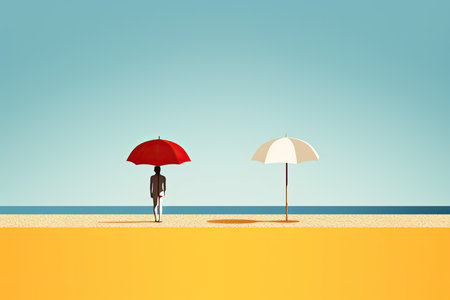 Businessman with an umbrella on the beach. Conceptual vector illustration, AI Generatedの素材