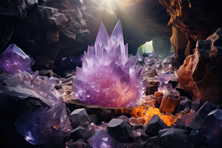 Fantasy landscape with crystal in cave. 3D Rendering, AI Generatedの素材