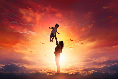 Mother and daughter playing in the sky at sunset. Concept of happy family, AI Generatedの素材