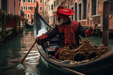 Gondolier in a red hat and a red coat on a gondola in Venice, Italy, AI Generatedの素材