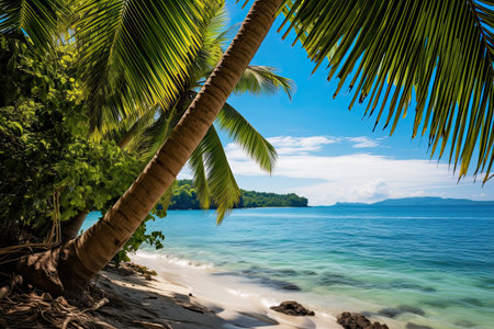 Beautiful seascape with palm trees. 3d render illustration, AI Generatedの素材