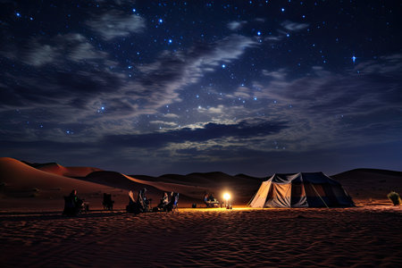 Camping in the desert at night with starry sky background, AI Generatedの素材