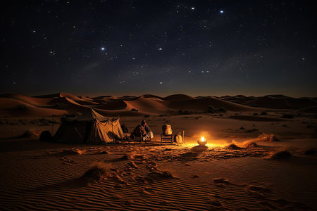 Tourist tent in the desert at night with starry sky, AI Generatedの素材