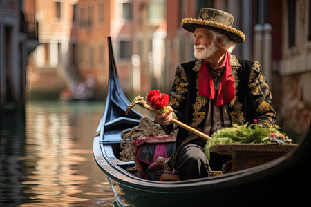 Elderly man with a bouquet of red roses on a gondola in Venice, Italy, AI Generatedの素材