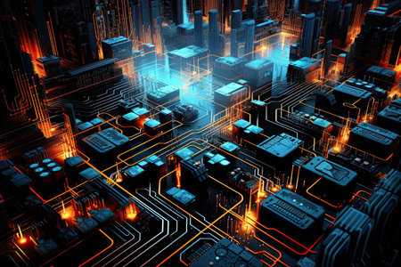 Circuit board futuristic technology background. 3d rendering toned image, AI Generatedの素材