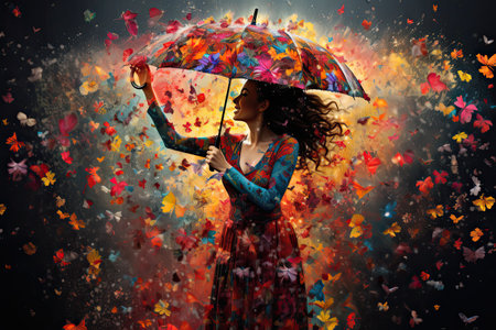 Young woman with umbrella and colorful autumn leaves on black background. Mixed media, AI Generatedの素材