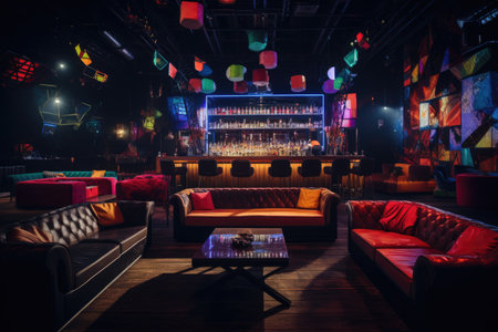 Interior of a bar with red sofa and table in night club, Colorful interior of a vibrant and lively night club featuring dark seats and glowing lights, AI Generatedの素材