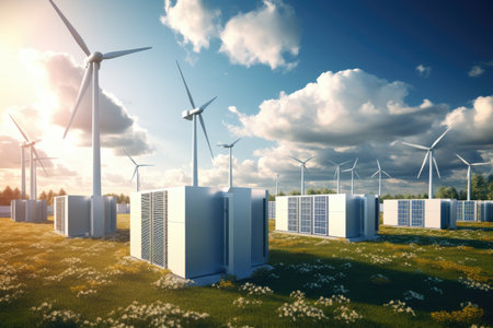 Solar panels and wind turbines in a field. 3D rendering, Conceptual image of a modern battery energy storage system with wind turbines and solar, AI Generatedの素材