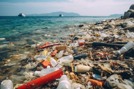 Pollution of the sea. Pollution of the environment. The concept of environmental pollution, Concept of environmental pollution, Pile of garbage and waste in the sea, AI Generatedの素材