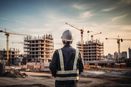Rear view of engineer standing on construction site with building under construction, construction engineer in standard safety looking at the building in the construction site, AI Generatedの素材