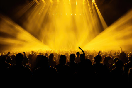 Silhouette of a concert crowd in front of bright stage lights, AI Generatedの素材