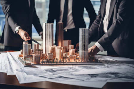 Architects working on blueprint at office, construction and architecture concept, Construction and structure of Engineer or architect meeting for project working with partner, AI Generatedの素材