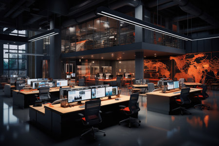 3d rendering of modern office interior. Workplace with computers, Control hub office, AI Generatedの素材