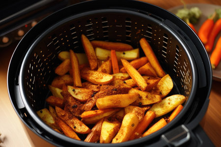 Fried potatoes in a fryer, close-up, horizontal, Cooking potatoes and carrot sticks with spices in an air fryer, AI Generatedの素材