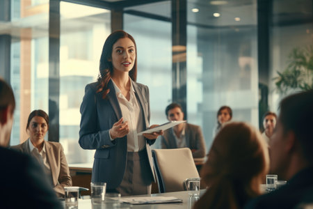 Beautiful businesswoman is talking with her colleagues in conference room, confident female executive masterfully delivers a business presentation in a boardroom, AI Generatedの素材
