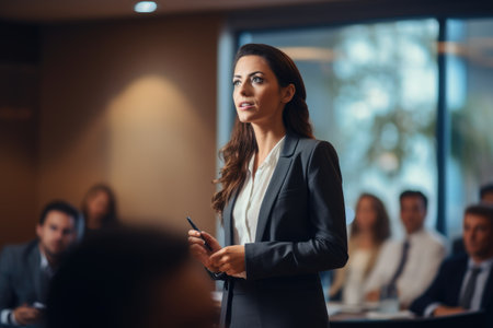 Confident businesswoman standing in front of her colleagues in conference room, confident female executive masterfully delivers a business presentation in a boardroom, AI Generatedの素材