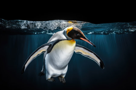 King penguin swimming in the ocean. This is a 3d render illustration, King penguin in an iceberg pointing its flipper wing to empty space, AI Generatedの素材