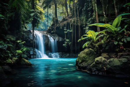 Beautiful waterfall in the jungle. Beautiful waterfall in the jungle, Jungle waterfall cascade in tropical rainforest with rock and turquoise blue pond, AI Generatedの素材