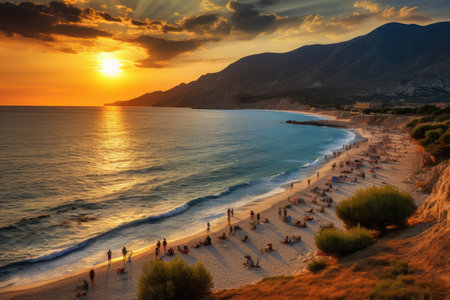 Sunset on the beach in Calpe, Alicante, Spain, Kaputas beach, People enjoy the sun and sea at the beautiful turquoise sea and sandy beach of KaputaÅ, Sunset over the sea in the, AI Generatedの素材