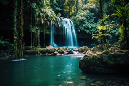 Beautiful waterfall in tropical forest, Thailand. Beautiful waterfall in the jungle, Jungle waterfall cascade in tropical rainforest with rock and turquoise blue pond, AI Generatedの素材