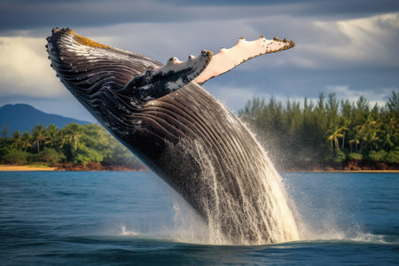Humpback whale splashing out of the water. Hawaii, Jumping humpback whale over the water, AI Generatedの素材