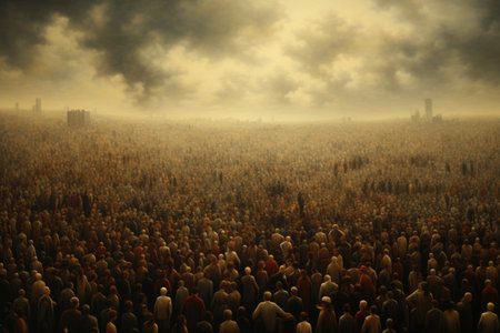 A large crowd of people in a foggy city - 3D render, Large crowd symbolizing overpopulation, AI Generatedの素材