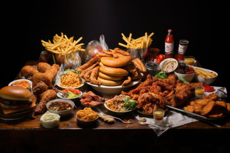 Variety of fast food including chicken nuggets, hamburger, cheeseburger, french fries, coleslaw, fish and chips, A large table of assorted takeout food such as pizza, french, AI Generatedの素材