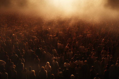 Aerial view of crowd of people walking in foggy city, Large crowd symbolizing overpopulation, AI Generatedの素材