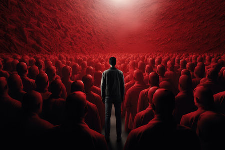 Businessman standing in front of a crowd of people with red spotlight, Leadership and teamwork concept with 3D illustration of a man in front of a crowd of red people, AI Generatedの素材