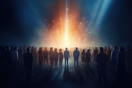 Silhouettes of a crowd of people in front of a spotlight, Leadership concept with a crowd of people and light, 3D rendering, AI Generatedの素材