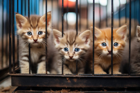 Group of cute little kittens in a cage. Selective focus, Little kittens in a cage of a shelter, AI Generatedの素材