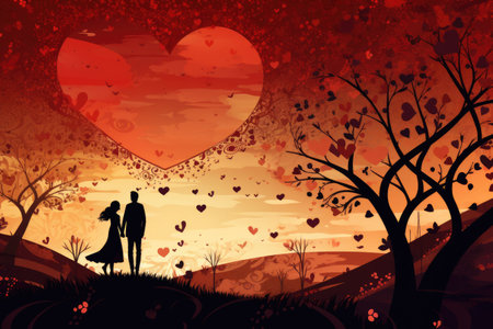 Valentine's day background with silhouettes of loving couple, Love background illustration, AI Generatedの素材