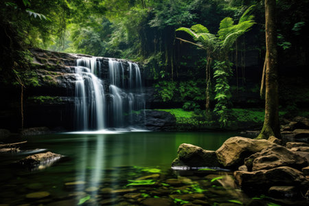 Beautiful waterfall in tropical forest, Thailand. Long exposure shot, Long exposure of a waterfall in the jungle, Khao Yai National Park, Thailand, AI Generatedの素材