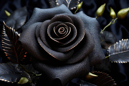 Beautiful black rose made of fabric on a black background close up, Luxurious black rose depicted in a pointillism style, AI Generatedの素材