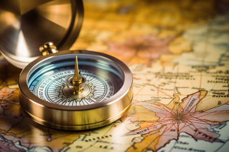 Compass on the map. Vintage style. Selective focus, Magnetic compass on a world map, Travel, geography, navigation, tourism, and exploration concept, AI Generatedの素材