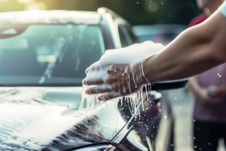 Man washing his car with soap and water. Close-up, Manual car wash with white soap and foam on the body, Washing car using high-pressure water, AI Generatedの素材