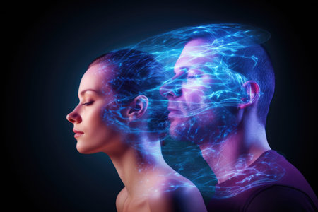 Portrait of a young couple in love on a dark background with glowing lights, Man and woman experiencing joint pain in their heads, conceptual image, hologram, AI Generatedの素材