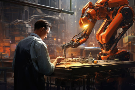 3D rendering of a robot working in a metallurgical factory, Mechanized industry robot arm and factory worker working collaboratively, presented in mixed media, AI Generatedの素材