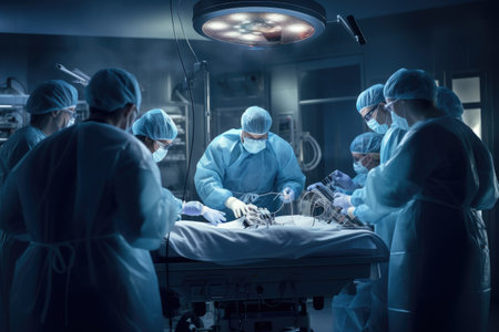 group of veterinarian surgery in operation room take with art lighting and blue filter, Medical team performing a surgical operation in a modern operating room, AI Generatedの素材
