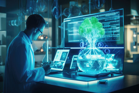 scientist working with futuristic interface in laboratory. science and technology concept, Medical healthcare research and development concept, AI Generatedの素材