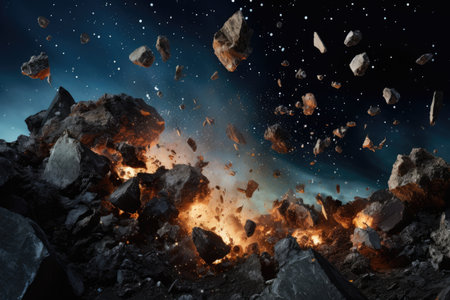 Falling meteorite in the night sky. 3D rendering, Meteorite explosions, fragments, and pieces of stones, AI Generatedの素材
